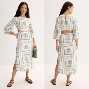Omika Peyton Dress Linen Blend Printed Bell Sleeve Open Back Midi Black White XS